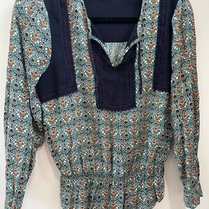 Daniel Rainn Navy & Teal Mosaic Print Peasant Blouse